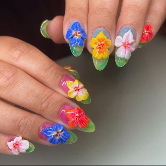 Maximalist Nail Art Tropical Flowers
