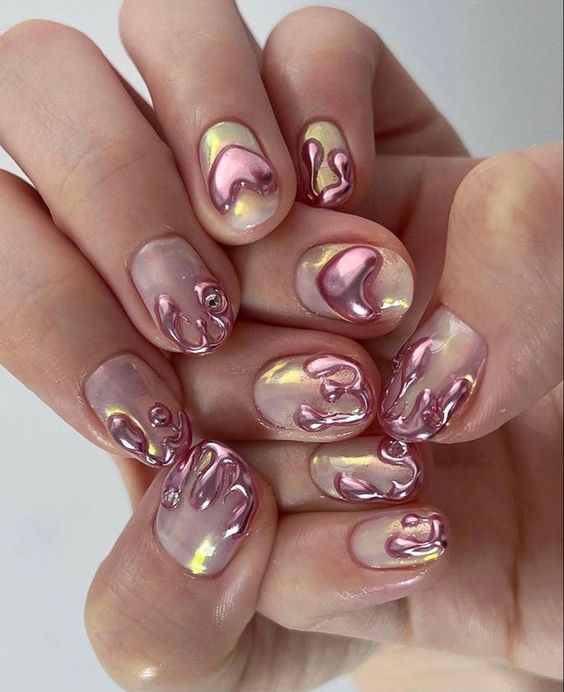 Pink Dripping Metallic Maximalist Nail Art