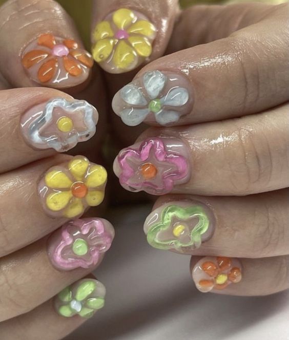 Puffy Retro Flower Maximalist Nails