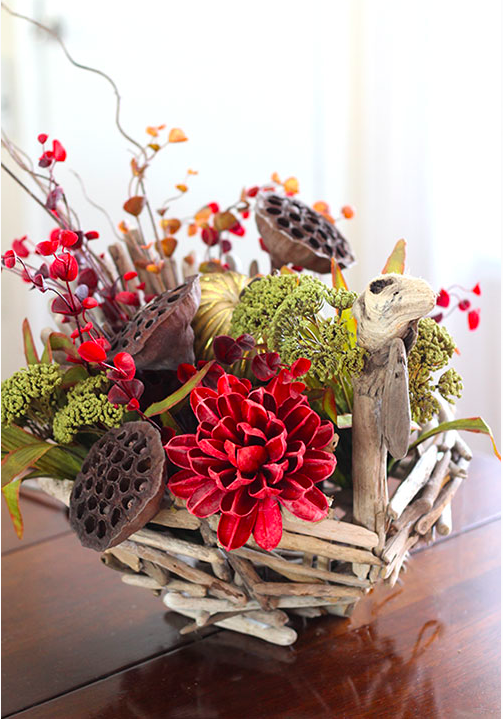 Driftwood Autumnal Flower Arrangement